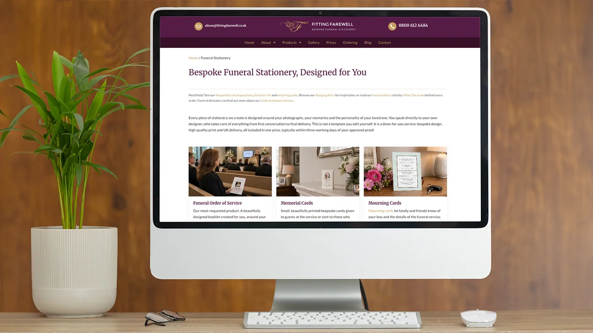 Fitting Farewell bespoke funeral stationery website displayed on a desktop monitor