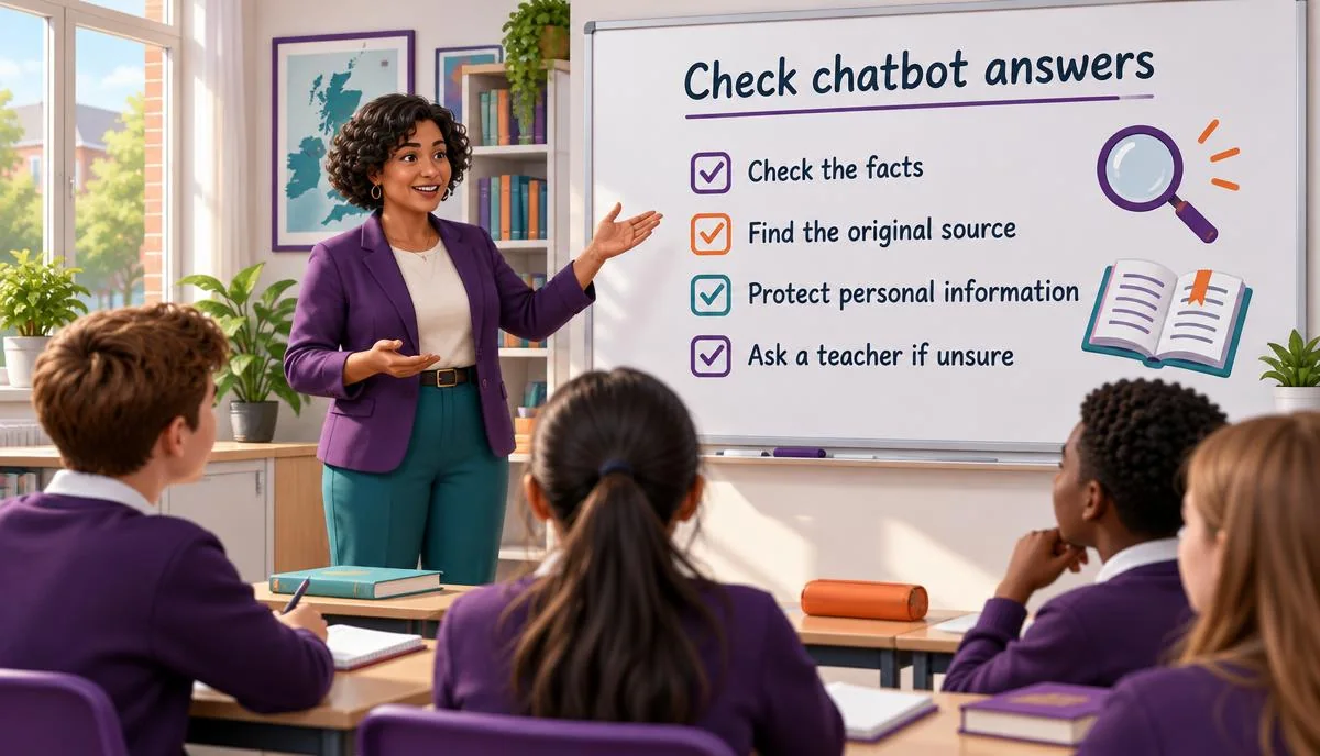 Illustrated teacher at a classroom whiteboard explaining how to check chatbot facts, find original sources and protect information.