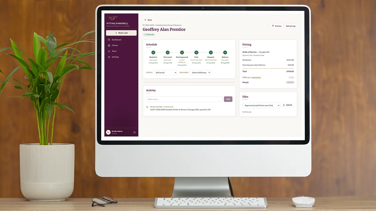 Fitting Farewell studio workflow management dashboard displayed on a desktop monitor